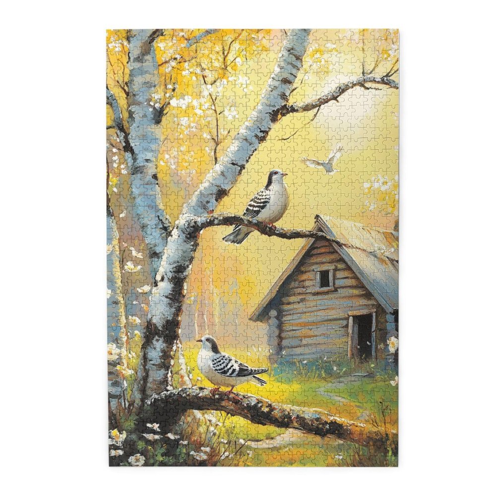 Cafemira Adults Wooden Jigsaw Puzzle 1000 Pieces,Peaceful Doves On Tree in Front of Vintage House,Relax and Enjoy The Fun of Solving,Exercise Hands On Skills and Thinking,Gift for Friend