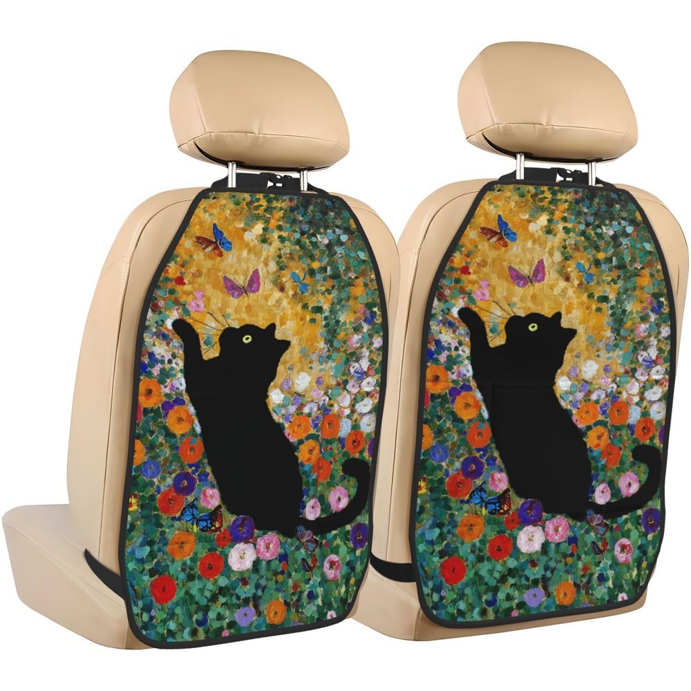 Black Cat Flower Garden Butterflies Car Seat Back Kick Protectors,2 Pack Kick Mats with Storage Pockets for Vehicles to Protect from Dirt Mud Scratches