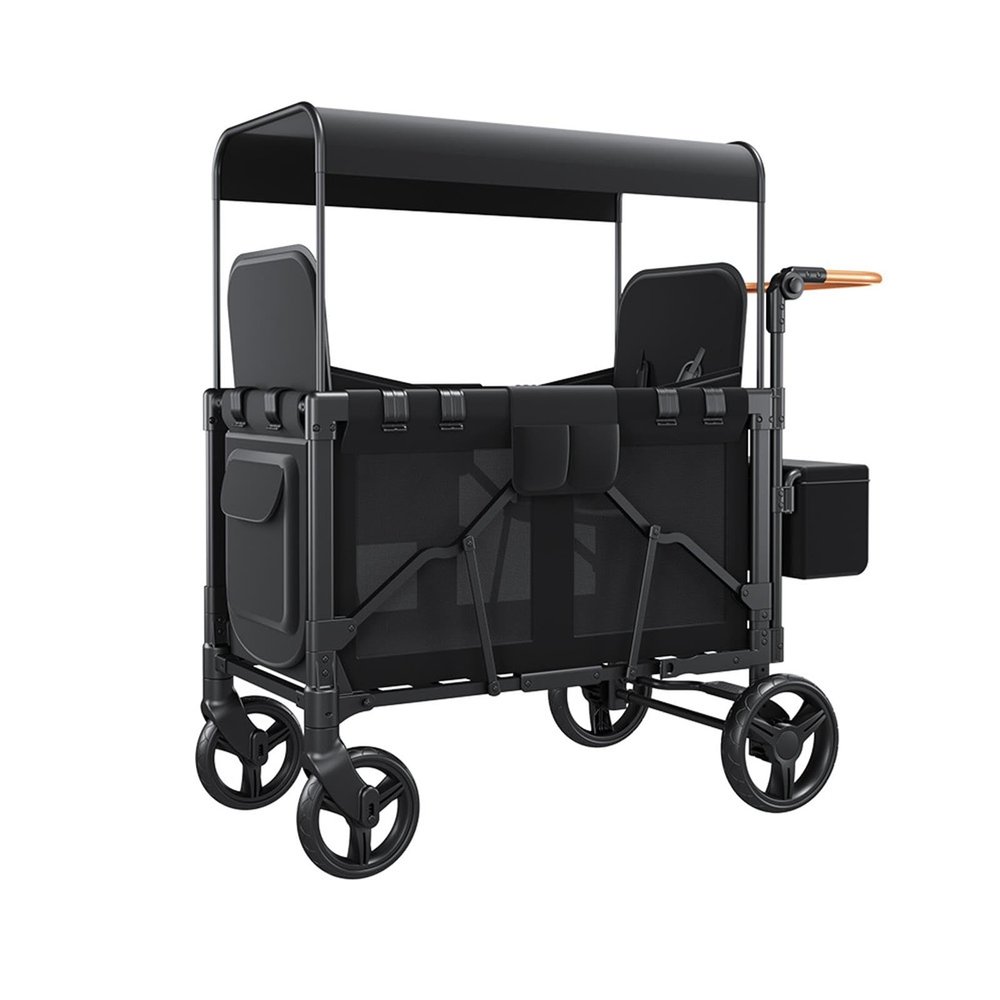 Lemoeyes Stroller Wagon 4 Seater, Wagon Cart with 4 High Seats & 5-Point Harnesses, Collapsible Stroller with Sun Canopy for Garden Beach Camping Sports, Utility Cart with Side Pocket