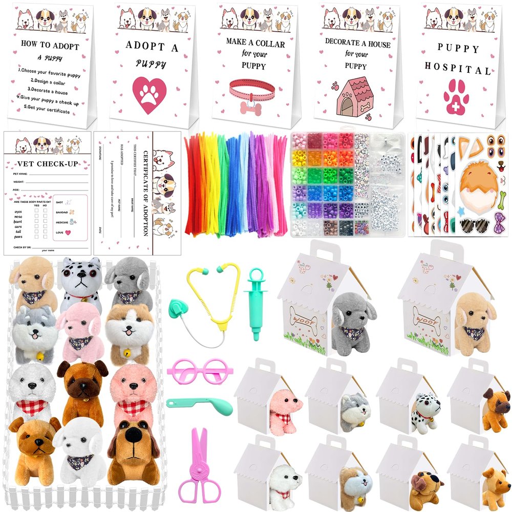 180 Pcs Adopt a Puppy Party Favors Include 12 Mini Plush Dogs 12 Adoption Card 12 White Kraft Boxes 12 Check Card 5 Adopt Sign 24 Puppy Stickers 1 Fence 102 Adopt a Dog Supplies for Adoption Party