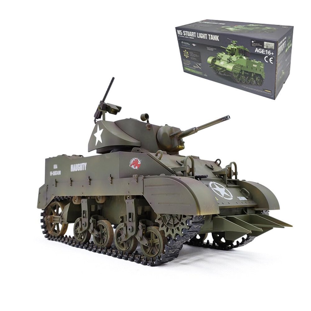 rcxperts 1/16 2.4G Remote Control Light Tank, US M5A1 Stuart Tank Simulated Military Vehicle Model with Sound Light Smoke Effects, Gift for The RC Model Car Enthusiast and Adults