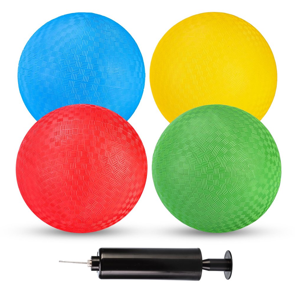 hehred Kickball Set, 8.5 Inch Playground Ball, 4 Pcs Dodgeball Kickballs with 1 Pump, Rubber Kick Balls for Kids Ages 3+ Outdoor, Official Size Bouncing Hand Balls for Camps and Schools (8.5 Inch)