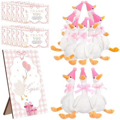 10Set One Silly Goose Birthday Decor 1st Baby Shower Party Favor 15.7 Inch White Geese Plush Stuffed Animal with Mini Party Hats Wood Table Decoration Greeting Cards Pink Ribbons for Guest Gifts