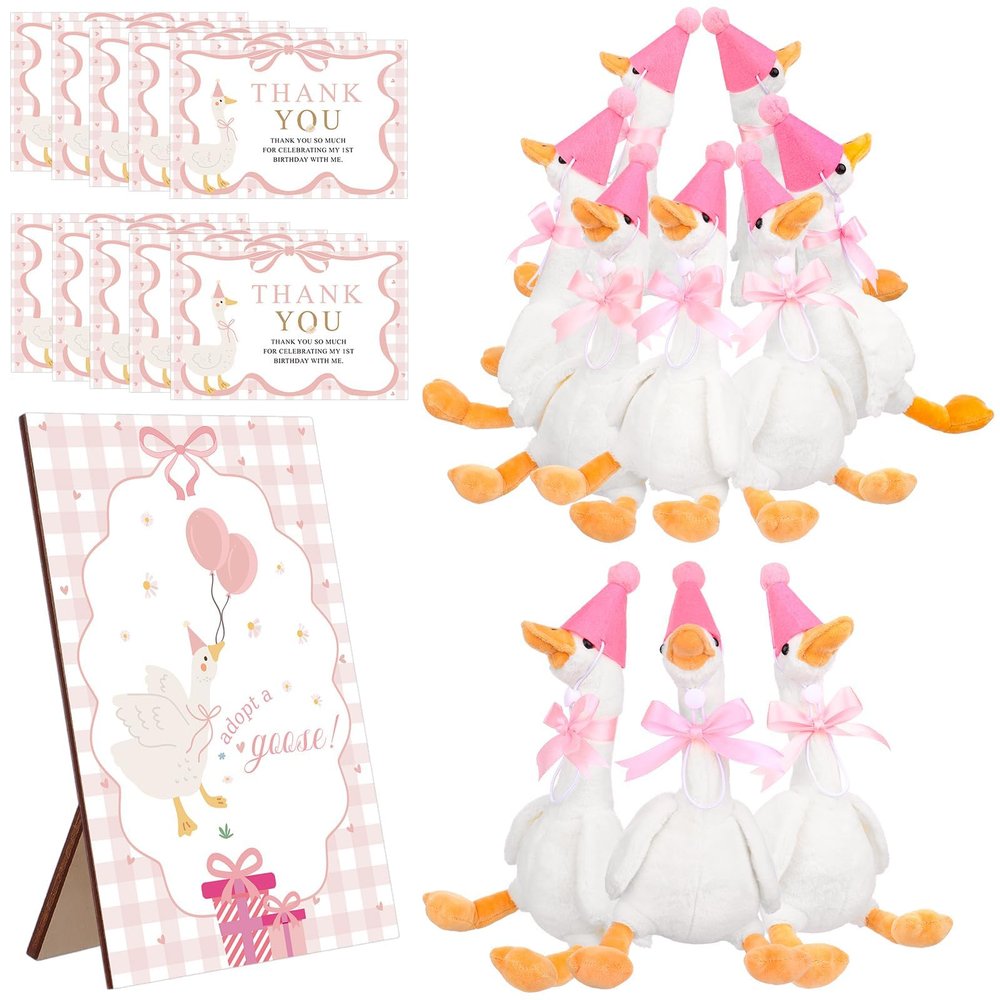 10Set One Silly Goose Birthday Decor 1st Baby Shower Party Favor 15.7 Inch White Geese Plush Stuffed Animal with Mini Party Hats Wood Table Decoration Greeting Cards Pink Ribbons for Guest Gifts