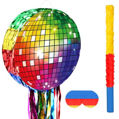 Abilat Colorful Disco Ball Pinata with Stick and Blindfold 80s 90s Theme Party Decorations Disco Pinata for Birthday Weddings Roller Skating Party Supplies