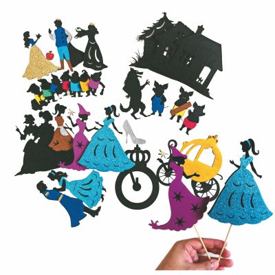 Glitter Felt Shadow Puppet Theater Kit Fairy Tale Silhouette Set for Kids, DIY Storytelling Craft for Family Fun, Classic Fables Hand Puppets