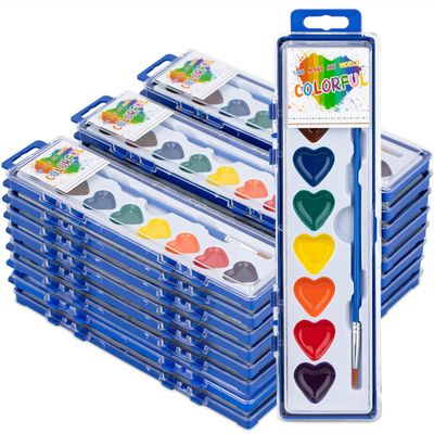 ARTLYMERS 24 Pack Water Color Paint Sets for Kids, 8 Colors Heart Watercolor Paint Set with Paintbrush Washable, Valentines Gifts Art Supplies for Preschool Classroom Party Favor Prizes Exchange