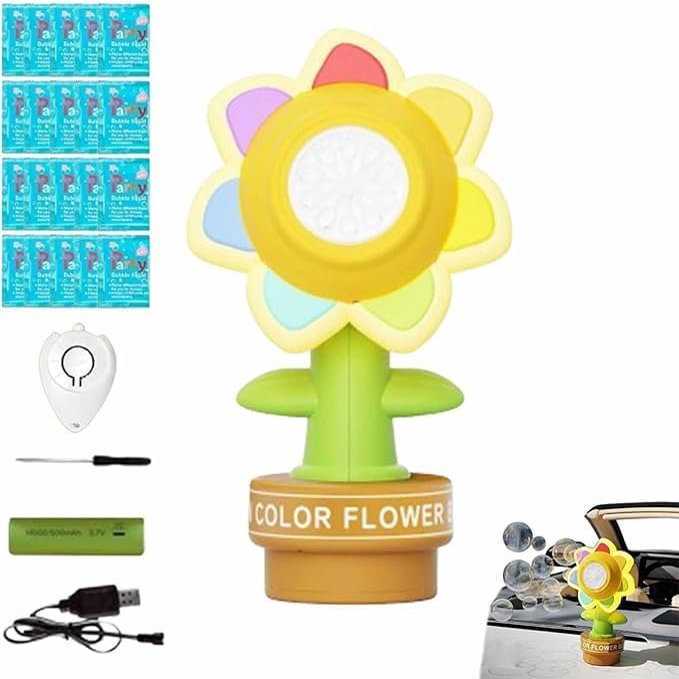 Sound Activated Machine for Car Shake Head and spit Out Bubbles, Car Rechargeable Automatic Sunflower Bubble Maker, Top Decoration with 20 Refill Liquid and Remote Control (1 pcs)