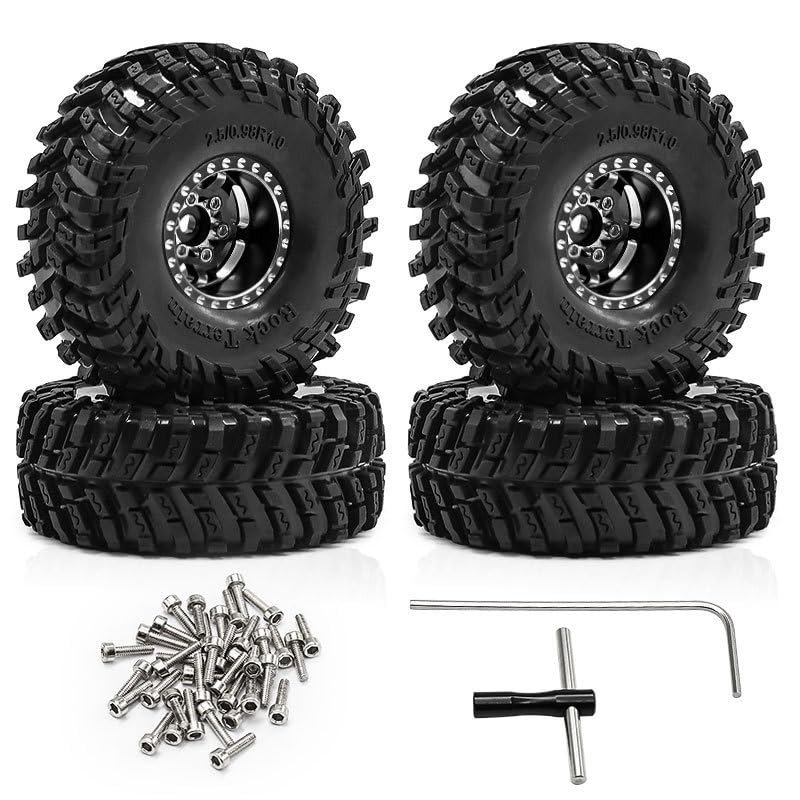 1.0 Beadlock Wheel Tires Set -3.78mm Offset Wheel Rims for 1/18 1/24 RC Crawler Car Axial AX24 SCX24 FMS FCX24 TRX4M (Black-A)