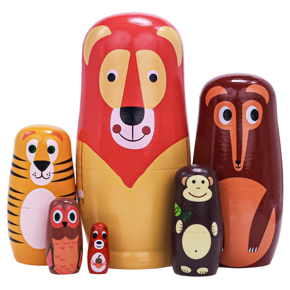 Tngan Russian Nesting Dolls, 6 Pcs 6 "Tall Animal Nesting Easter Eggs Toys, Stacking Wooden Handmade Matryoshka Dolls for Kids Toddlers Birthday or Home Decoration Gift (Long Lion)