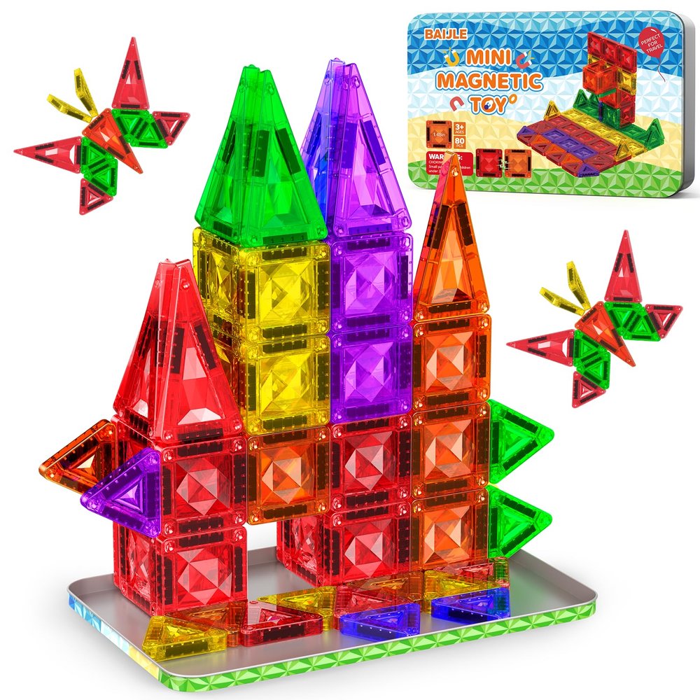 80PCS Mini Magnetic Tiles, Diamond Pattern Travel Magnetic Tiles Building Set with Case, Construction Toys for Kids 4-8 Portable Classroom Educational Learning Toddler Toys for Boys Girls Gift Ages 3+