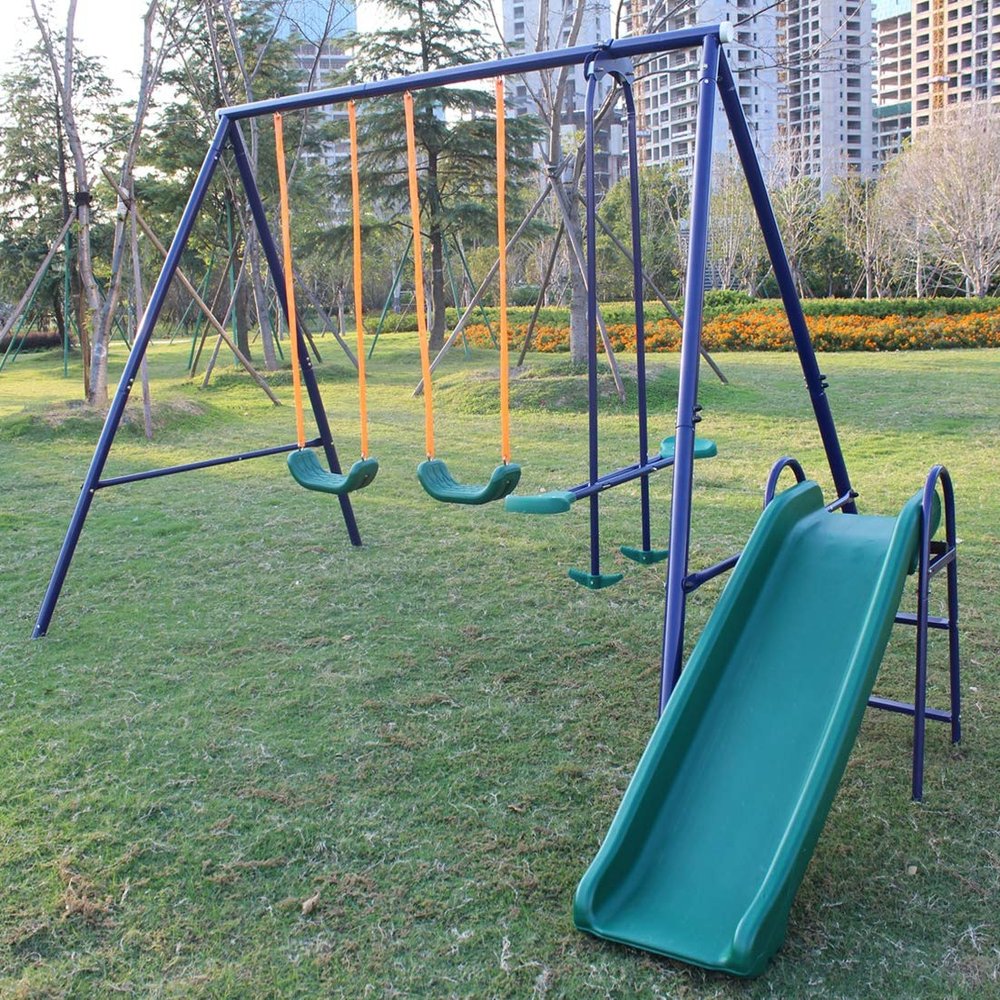 3 in 1 Swing Set - Heavy Duty A-Frame Metal Swingset with 2 Adjustable Swings & 1 Glider & 1 Slide | Multifunction Kids Swing Sets for Backyard Outdoor for Kids Ages 3-8