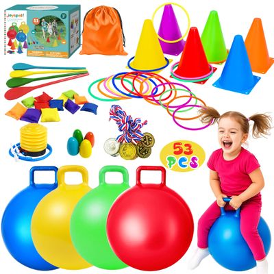 53PCS Carnival Outdoor Games Combo Set for Kids, 18 Inch Hopper Balls with Handles, Ring Toss, Bean Bags, Egg Spoon Relay Race, Fun for Backyard, Field Day, School, Birthday Parties, Family Events