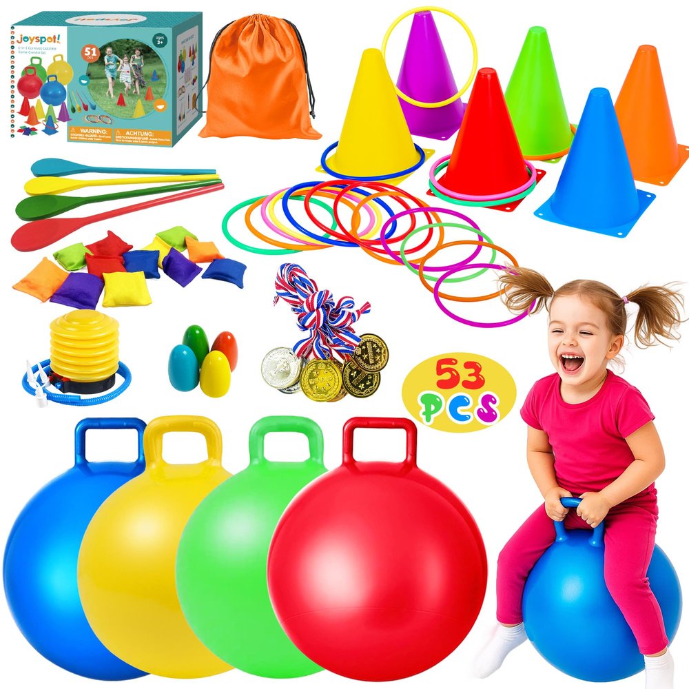 53PCS Carnival Outdoor Games Combo Set for Kids, 18 Inch Hopper Balls with Handles, Ring Toss, Bean Bags, Egg Spoon Relay Race, Fun for Backyard, Field Day, School, Birthday Parties, Family Events