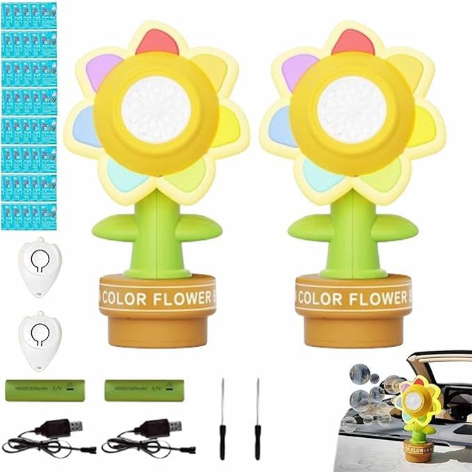Sound Activated Machine for Car Shake Head and spit Out Bubbles, Car Rechargeable Automatic Sunflower Bubble Maker, Top Decoration with 20 Refill Liquid and Remote Control (2 pcs)