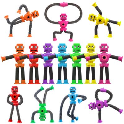 16PCS Suction Cup Robot Toy, Transformable Telescopic Pop Tubes Sensory Toy for Kids Adults, Funny Robot Action Figure Bendable Fidget Toy Gift Birthday Party Favors Christmas