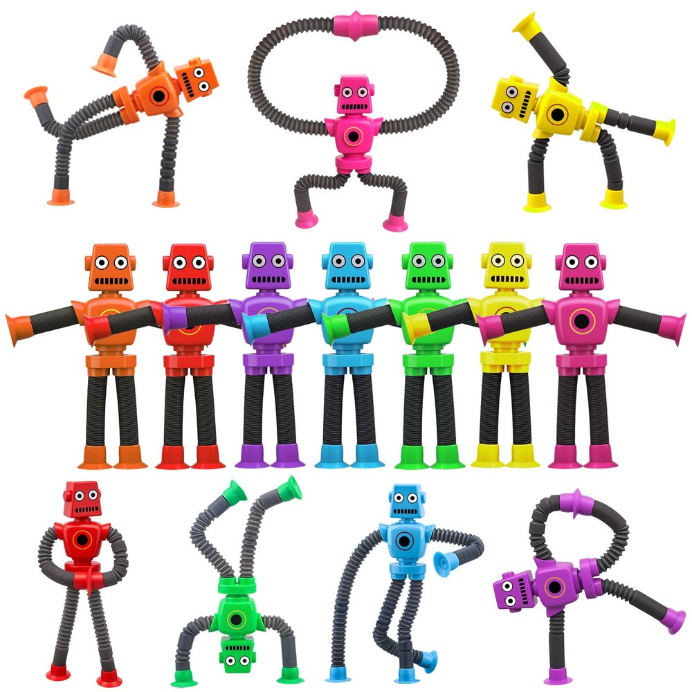 16PCS Suction Cup Robot Toy, Transformable Telescopic Pop Tubes Sensory Toy for Kids Adults, Funny Robot Action Figure Bendable Fidget Toy Gift Birthday Party Favors Christmas