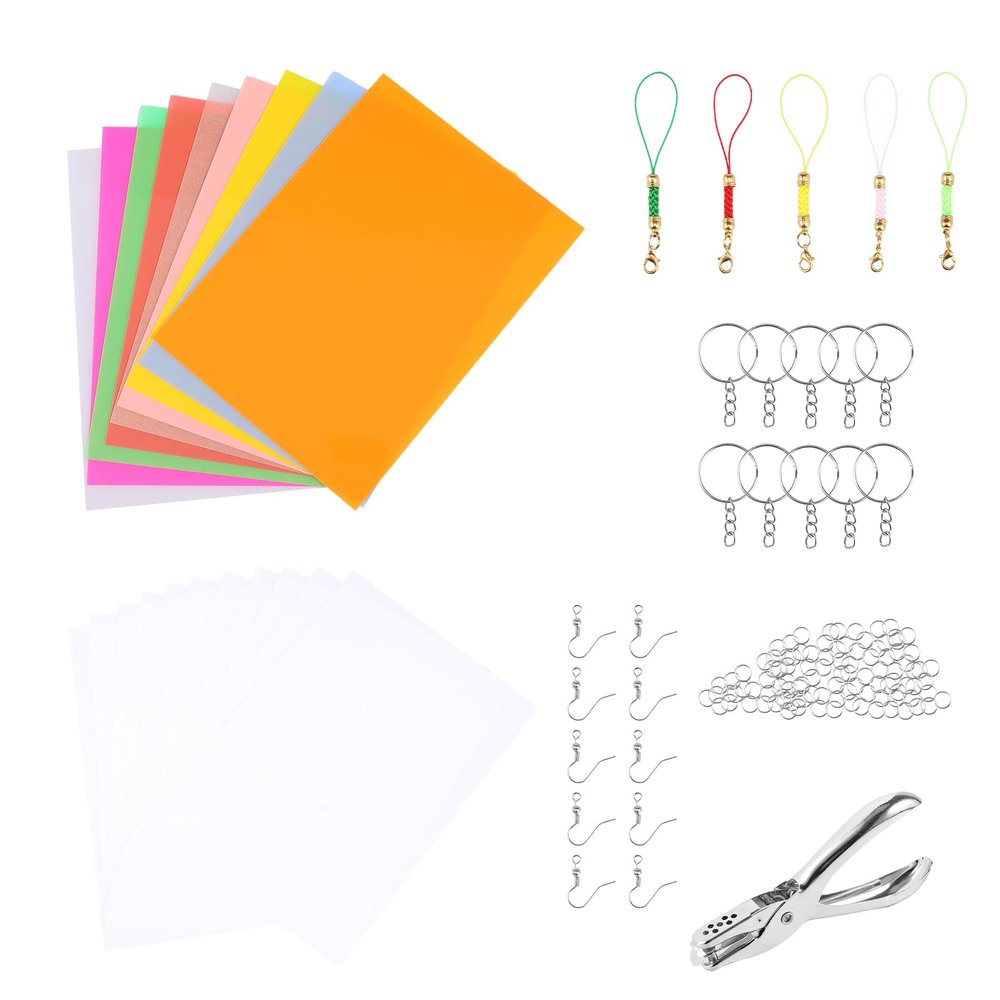 20 Pcs Heat Shrink Plastic Sheet Kit Keychain Include 20 PCS Shrink Film Papers 10 Pcs Keychains for Kids Creative Craft for Pendant Bookmark Earring Bracelet
