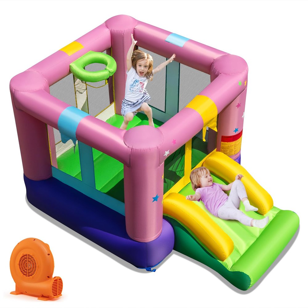 HONEY JOY Inflatable Bounce House with Slide, Gift Box Themed Kids Castle Slide Bouncer for Outdoor and Indoor Party, Blow Up Toddler Jumping Bouncy House for Boys Girls(GFCI 520W Blower)