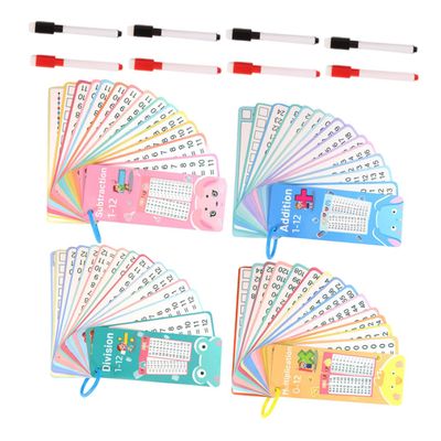 Artibetter 4Sets Math Flash Cards for Addition Subtraction Multiplication Division Cards with Markers Rings Interactive Learning Tools for Travel School Party Games