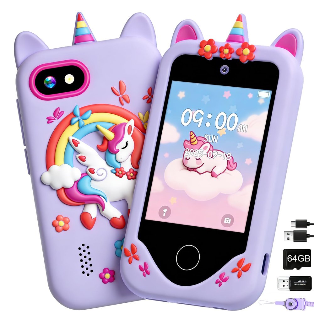 Kids Smart Phone for Girls, Touchscreen, 64GB Card Birthday Gifts for Girls Age 3, 4, 5, 6, 7, 8, 10 Year Old, Toddler Educational Learning Toys Phone with Dual Camera, Game, Music Player