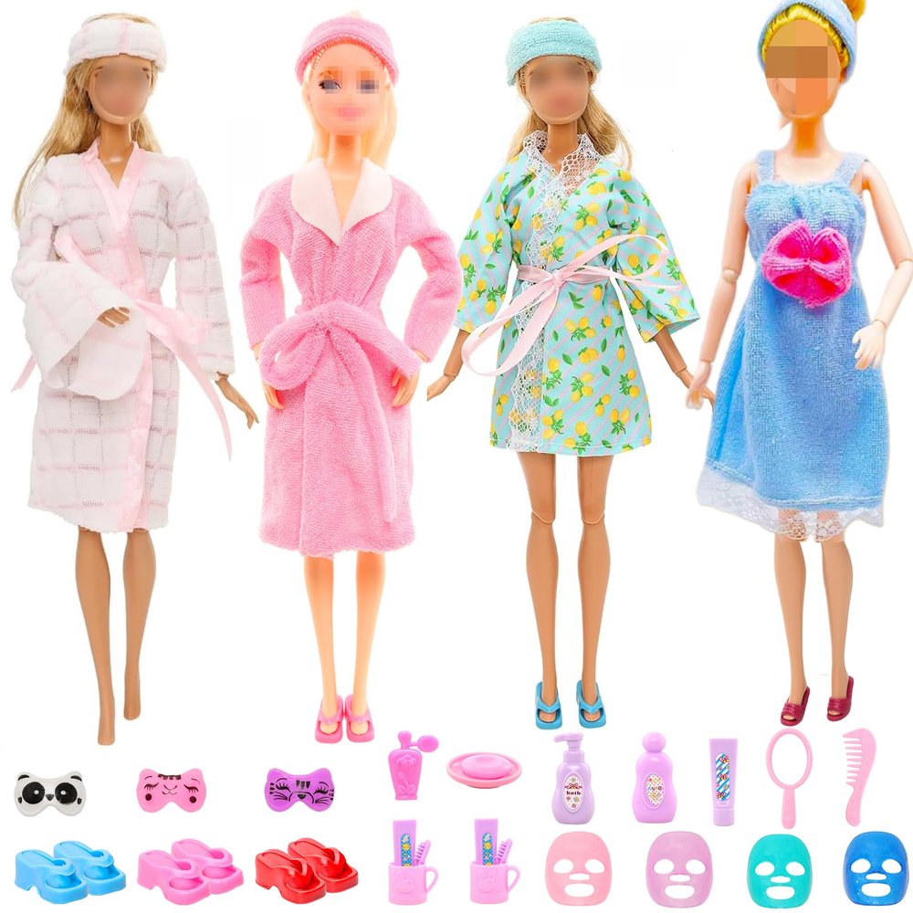 Doll Sleeping Clothes Accessories 28 Pcs Including 4 Sets Bathrobes Pajamas, Bath Towel , 4 Headband, 12 Toiletries, 8 Accessories, 3 Slippers for 11.5 Inch Girl Dolls Storytelling Bathroom Playset