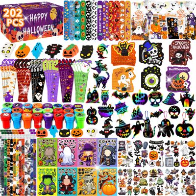 202PPCS Halloween Party Favors,Stationery Set Goodie Bags Stuffers for Kids School Classroom Prizes Trick or Treat Gifts Bags Fillers include Pencils,Erasers,Rulers,Halloween Stickers,Stamper,Notepads