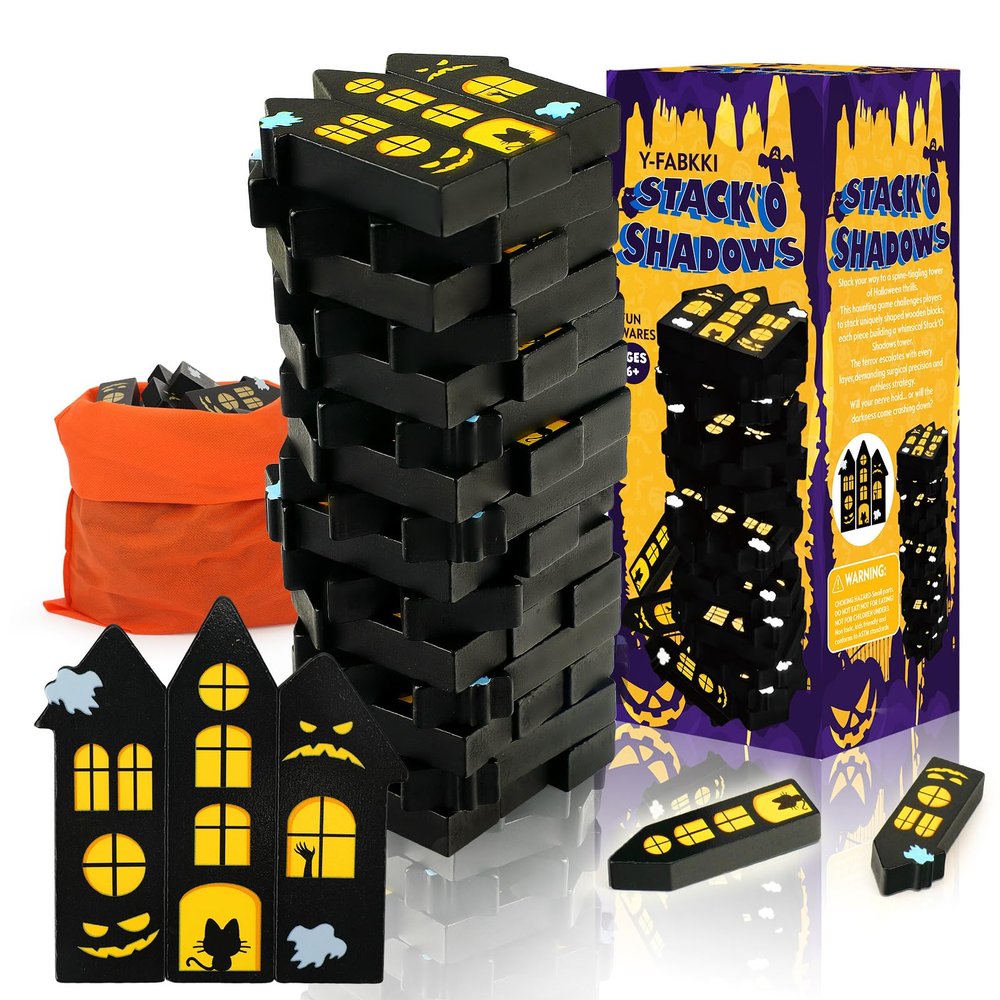 Halloween Wooden Blocks Stacking Games, Haunted Castle Theme Tumbling Tower and Balance Game for Adults, Kids, and Family Party, Stacking Board Toy with Storage Bag, Halloween Party Activities Gifts