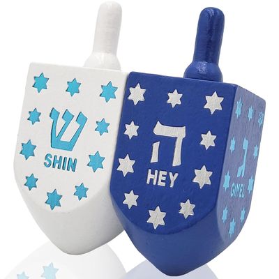 The Dreidel Company Extra Large Hand Painted Wood Hanukkah Dreidels, 48-Pack Blue & White Star Design