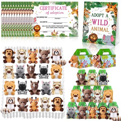 63 Pcs Safari Jungle Party Favors Include 20 Foldable Paper Boxes 20 Forest Mini Stuffed Animals 20 Adoption Cards 1 Adoption Signs 2 Fence for Jungle Party Supplies Adopt a Jungle Animal Favors