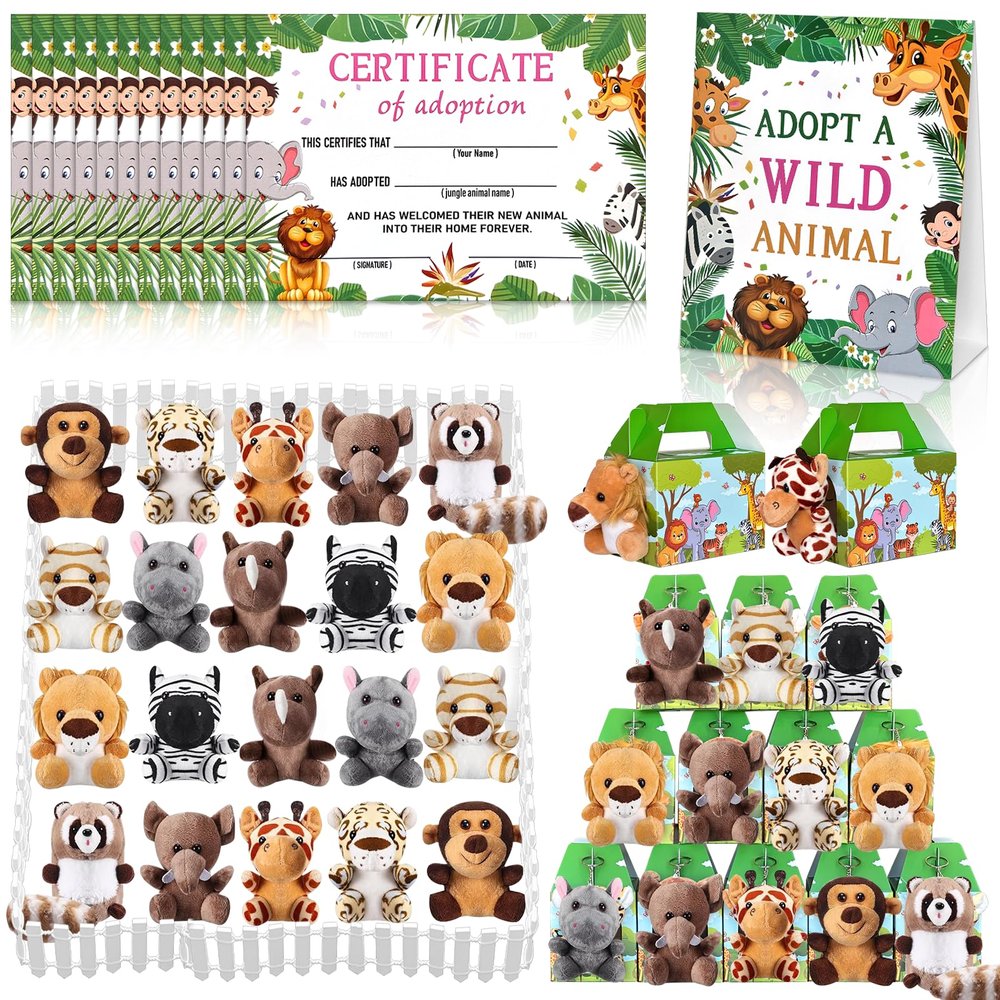 63 Pcs Safari Jungle Party Favors Include 20 Foldable Paper Boxes 20 Forest Mini Stuffed Animals 20 Adoption Cards 1 Adoption Signs 2 Fence for Jungle Party Supplies Adopt a Jungle Animal Favors
