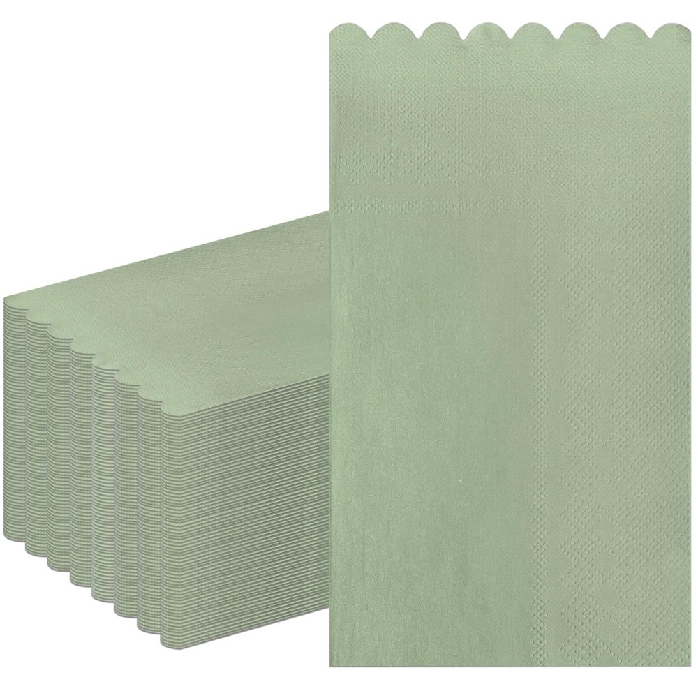100PCS Sage Green Napkins Disposable Paper Scalloped Edged Guest Napkins 4.3 x7.8 Inches Disposable Hand Towels Decorative Dinner Napkin for Bathroom Wedding Baby Shower Birthday Party