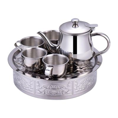 Stainless Steel Tea Set - Children Teapot With Cups And Tray, Long Spout Filter Design | Kids Play Drinkware Set For Tea Party, Beginner Tea Set For Boys Girls Students, Safe Durable Teapot For Kinder