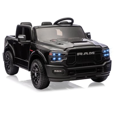 24V Ride on car Licensed RAM 2500, 2 Seater Electric Car for Kids, Remote Control, Toddler Ride on Toys w/Bluetooth, Spacious Truck Bed, 3 Speed, LED Lights, Suspension, Gifts for Boys Girls, Black