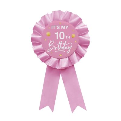 YHEZXUN It's My 10th Birthday Tinplate Badge Pin Pink Satin Fabric 10 Year Old Birthday Themed Button Pin Party Decorations Award Ribbon Badge