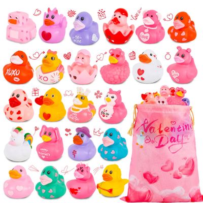 24 Pack Rubber Ducks Jeep Ducking with a Bag- 2" Valentine's Day Assortment Duckies for Jeep Duck Valentine's Themed Cruise Duck for Pool, Party Favors, Birthday Gifts, Kids Swimming Water Bath Toys