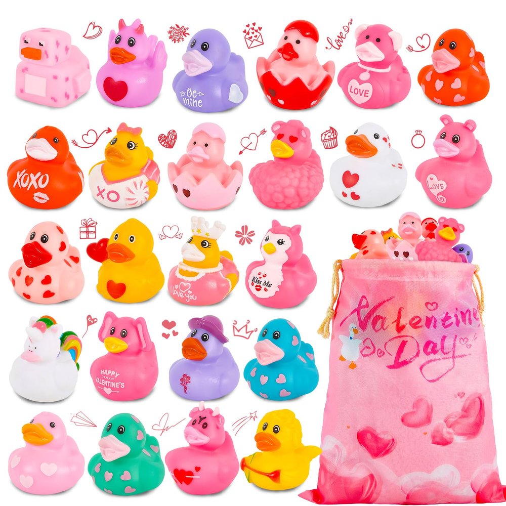 24 Pack Rubber Ducks Jeep Ducking with a Bag- 2" Valentine's Day Assortment Duckies for Jeep Duck Valentine's Themed Cruise Duck for Pool, Party Favors, Birthday Gifts, Kids Swimming Water Bath Toys