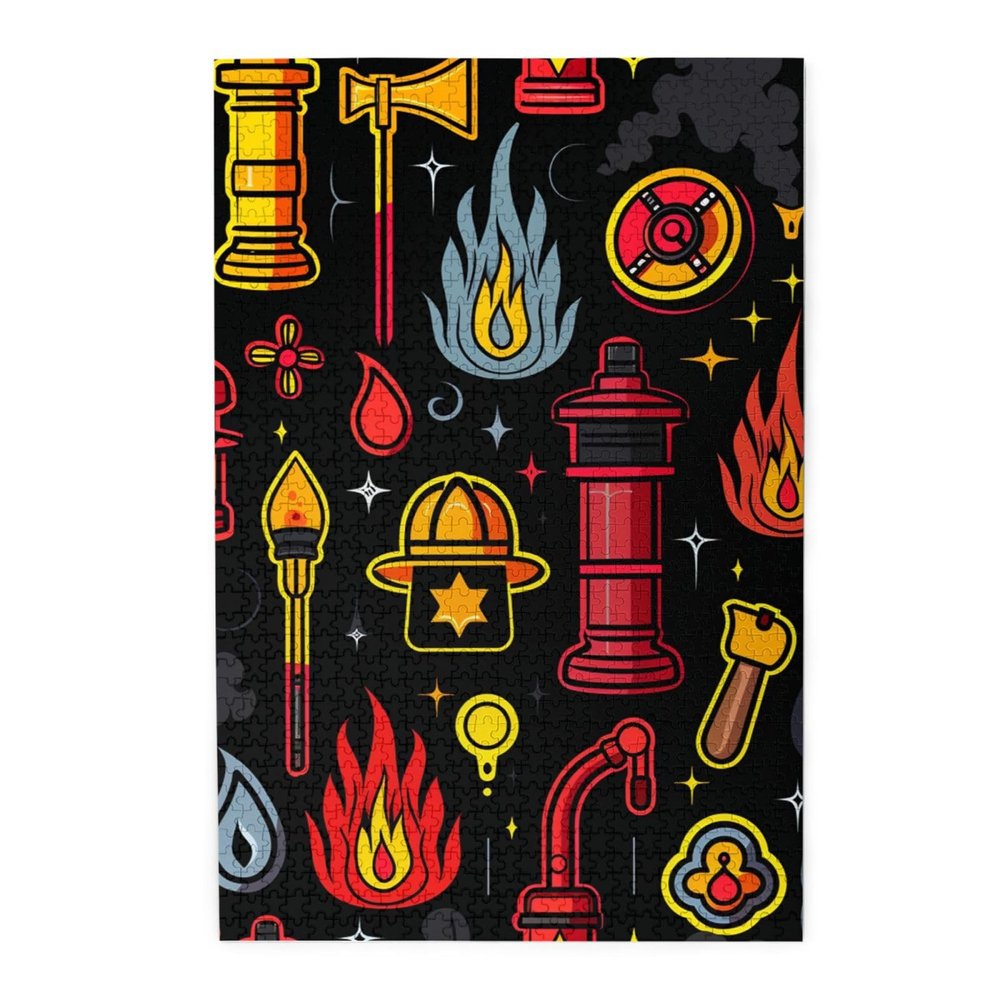 1000 Piece Wooden Jigsaw Puzzle - Firemen Fire Fighting Equipment Tools Pattern Puzzle for Adults, Impossible Challenging Difficult Puzzles,
