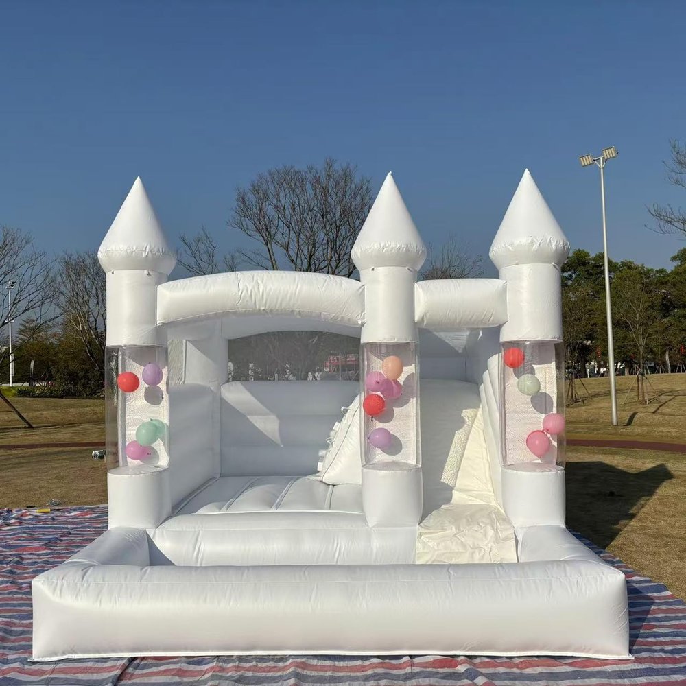 10FT Inflatable White Bounce House,Indoor & Outdoor Bouncy Castle with Air Blower,Ball Pool and Slide for Wedding Party Kids Birthday Party
