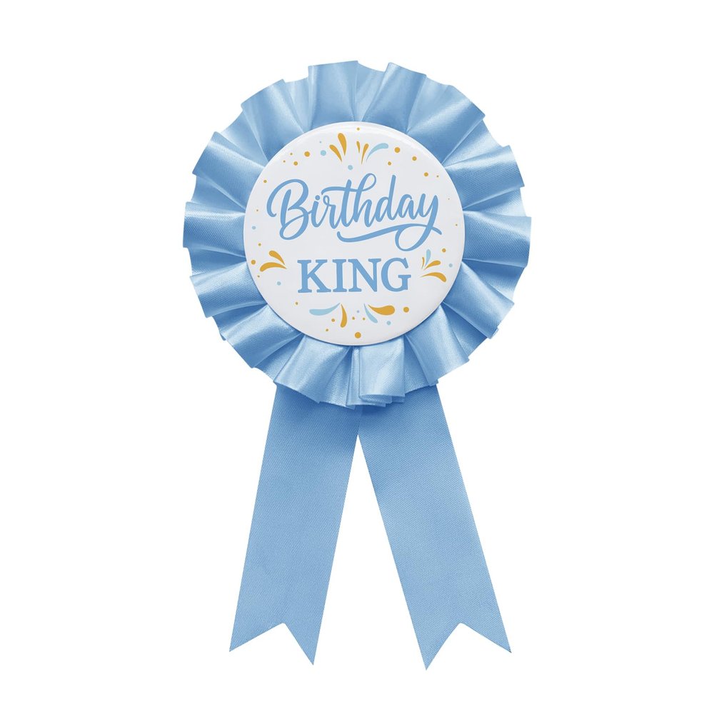YHEZXUN Birthday King Tinplate Badge Pin Sky Blue Satin Fabric Happy Birthday Themed Button Pin Party Decorations Award Ribbon Badge