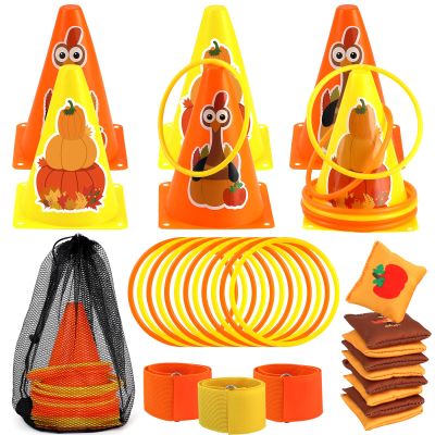 4 in 1 Fall Festival Thanksgiving Party Games with Ring Toss, Plastic Cones, Bean Bags, 3-Legged Race Bands, Thanksgiving Games for Family Boy Girl Adult Carnival Friendsgiving Outdoor Yard Activities