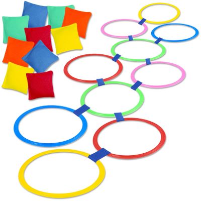 Cabaubl 2 in 1 Hopscotch and Bean Bag Toss Set, Hopscotch Ring Game, Bean Bag Toss Game,10 Multi-Colored Plastic Rings and 10 Connectors for Indoor Outdoor Balance Agility Training Obstacle Course