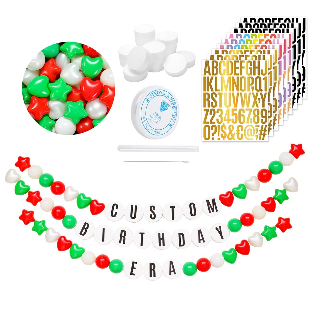 137Pcs DIY Giant Friendship Bracelet in My Birthday Era Banner Birthday Banner Famous Singer Customizable Garland Decor Foam Circles Ball Plastic Balls DIY Supplies(Red Green Pearl White)