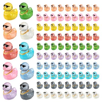 100pcs Mini Ducks with Sunglasses & Gold Chain, Colorful Luminous Resin Miniature Duck Figurines Small Glow in The Dark Animal Tiny Desktop Dollhouse Garden Micro Ornament Landscape Decor