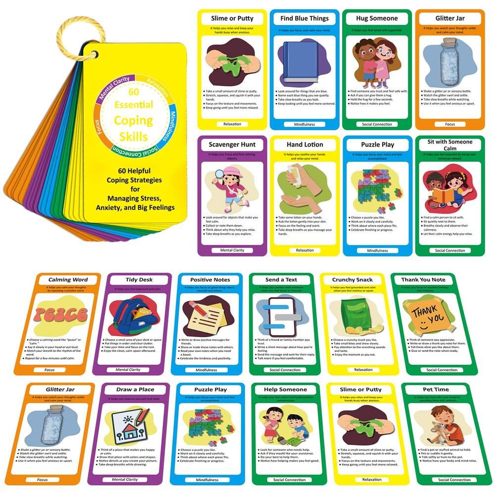 32 Coping Skills Cards with 60 Strategies  Therapy Tools for Teens & Adults to Manage Stress, Anxiety & Emotions  Durable Mindfulness & Emotional Intelligence Deck for Home, School & Counseling Use