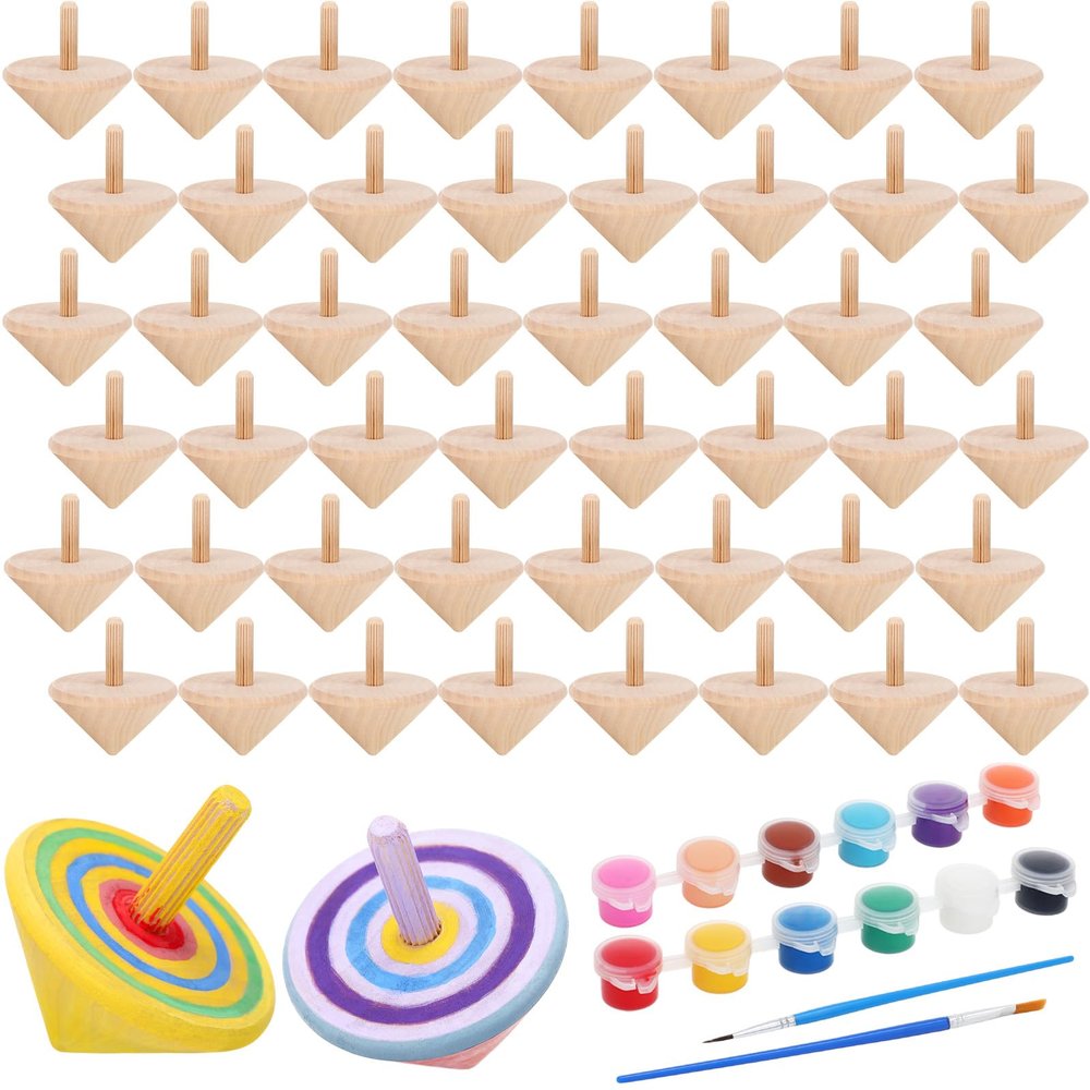 DoubleFill 48pcs DIY Wooden Spinning Tops Craft Kit, Back to School Gifts