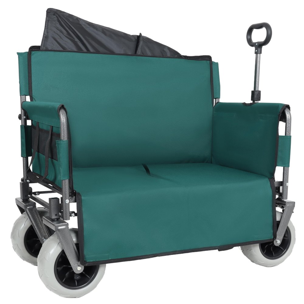 3-in-1 Folding Utility Wagon with Bench Seat, 500 lbs Capacity, 9"x4" All-Terrain Beach Tires, Perfect for Camping & Beach (Green)