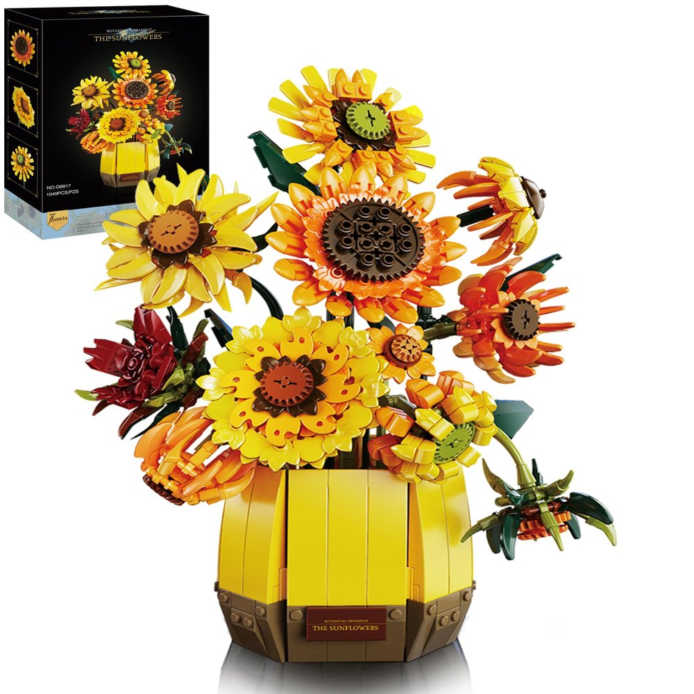 2 in 1 Sunflower Building Blocks for Adult - Artificial Flower Bouquets Building Set Van ggh Art Collection, Transforms from Sunflower Vase to Dinner Table Centerpieces, Home Decor Gift for Valentines