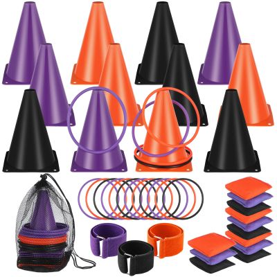 Leitee 40 Pcs 4 in 1 Halloween Bean Bag Toss Game Set Ring Toss, Soft Plastic Cones, Bean Bags, 3-Legged Race Bands, Halloween Games Set Indoor Outdoor Party Yard Supplies