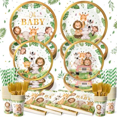 144 Pcs Safari Baby Shower Plates and Napkins (Serves 24 Guests), Plates Napkins Cups Straws and Forks Sets, Party Supplies, Jungle Safari Baby Shower Decorations